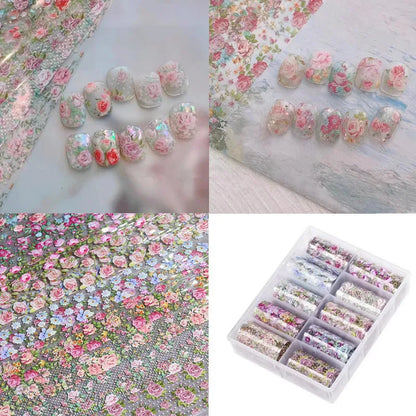 New Flower Nail Foils for Transfer Paper Stickers Floral Adhesive Fruit Nails Wraps Fish DIY Water Marble Nail Art Decorations