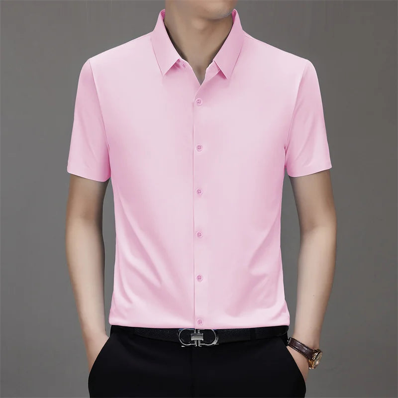 Men's Business Casual Solid Color Short Sleeve Shirt Summer Fashion No Ironing Comfortable Versatile Top for Men
