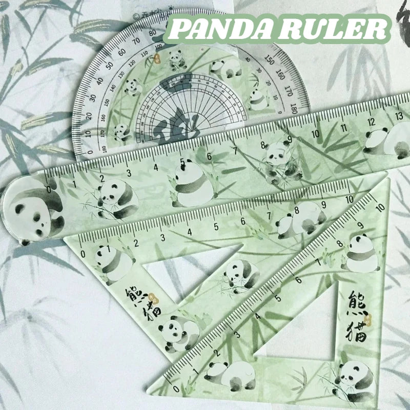 Chinese Cute Panda Bamboo Green Translucent Ruler 4-piece Set Student Plastic Straight Triangle Ruler Protractor Stationery Set