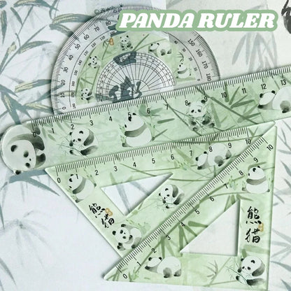 Chinese Cute Panda Bamboo Green Translucent Ruler 4-piece Set Student Plastic Straight Triangle Ruler Protractor Stationery Set