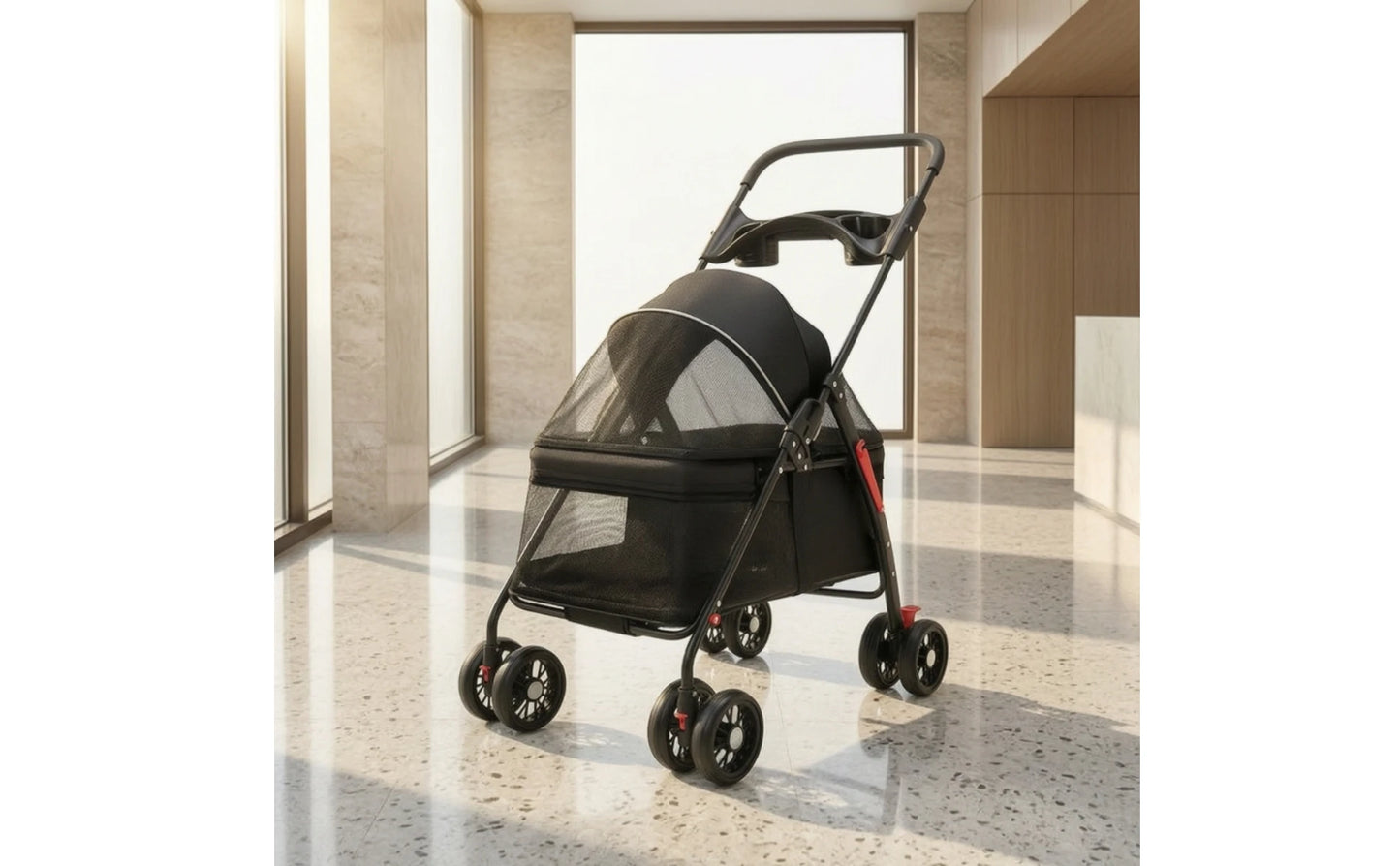 Pet Stroller with Storage Basket 4-Wheel Foldable Pet Stroller Collapsible Breathable for Small Dogs, Outdoor Walks, Travel