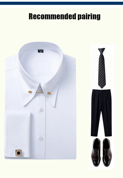 Embroidered French Cufflinks Men's Long-Sleeve Shirt with Collar Pins, Big Collar Dress Shirt for Business Formal Wear, Gentlema