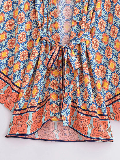 Boho Queens Vintage Peacock Floral Print Sashes Beach Kimono Women Bohemian Wrap Batwing Sleeves Holiday Bikini Cover-ups