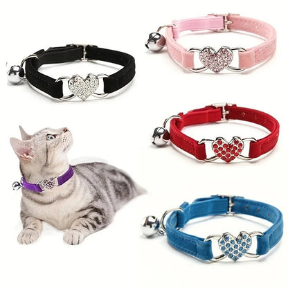 Heart Shaped Cat Collar With Bell Safety Elastic Adjustable Collar Soft Cat Crystal Collar For Kitten Puppy Pet Supplies