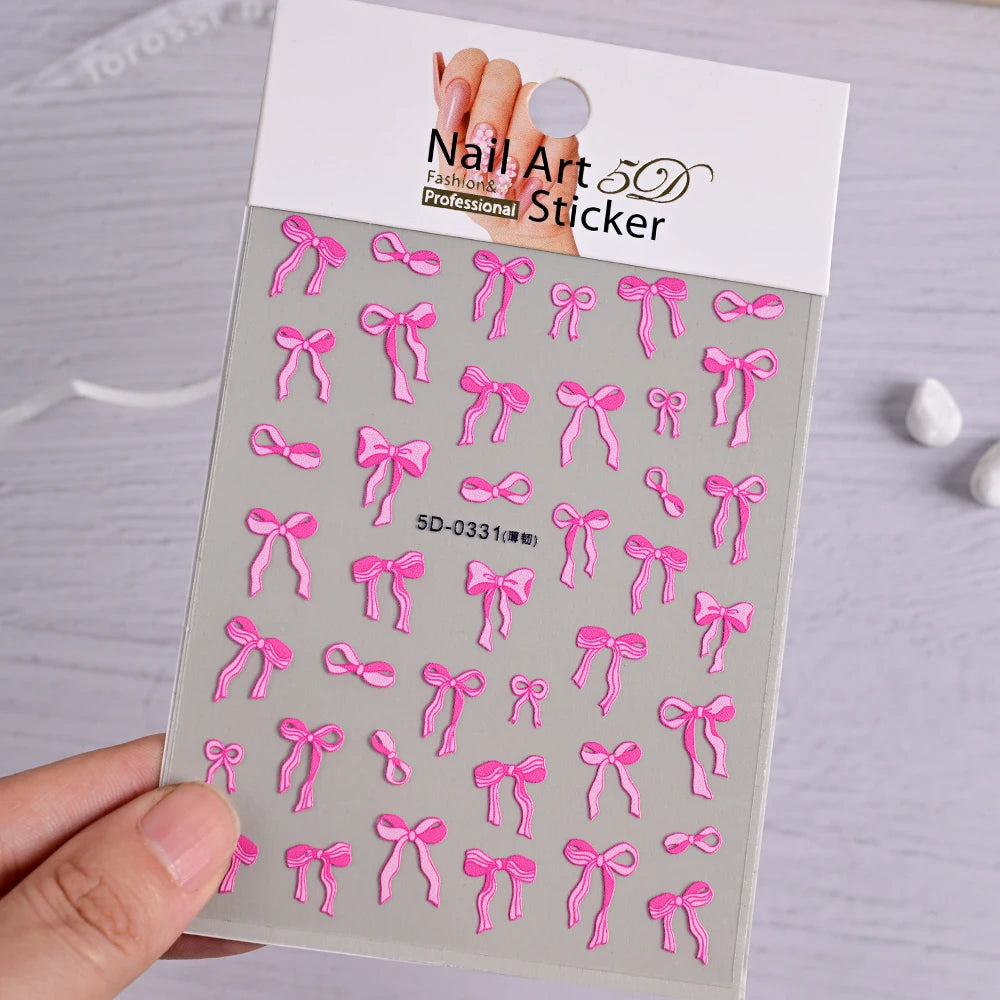 1pcs 5D White Lace Bowknot Nail Art Sticker Sweet Pearl  Bow Ribbon Self-Adhesive Nail Slider DIY Luxury Nail Decorations Decals