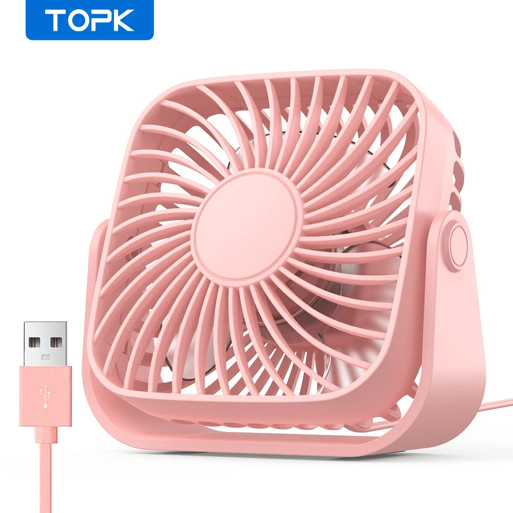 TOPK 4 colių USB mini nešiojamasis ventiliatorius stovyklavimui, 3 greičių tylus stalinis asmeninis ventiliatorius, 360° reguliuojamas pastatomas ventiliatorius kambariui, namams