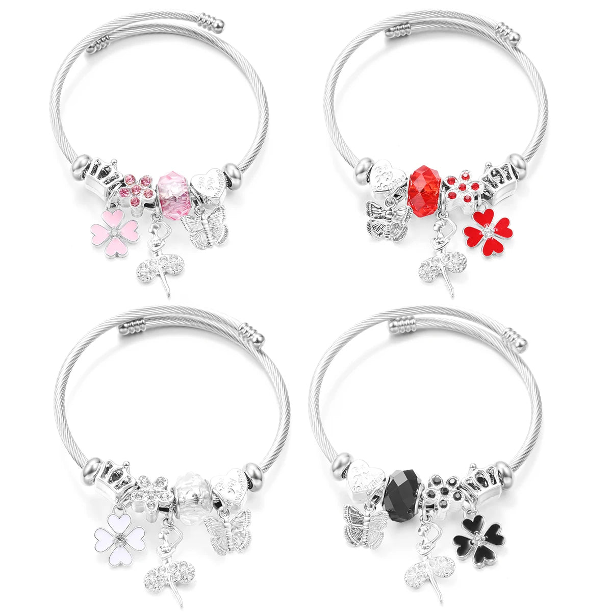 New Trendy Rhinestones Dragonfly Crystal Beaded Pendant Bracelet Stainless Steel 4 Colors Closure Bangles Women Bracelet Jewelry