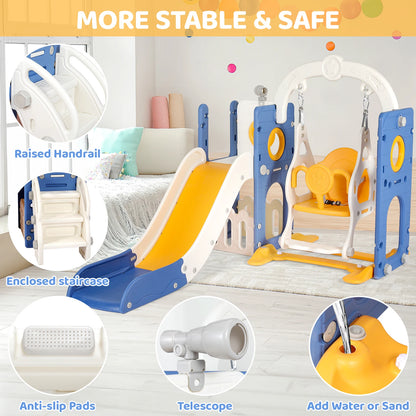 3-in-1 Toddler Slide Climber Playset, Freestanding Slide for Kids Indoor Outdoor Toy W/ Telescope, Tunnel, Basketball Hoop, Ball