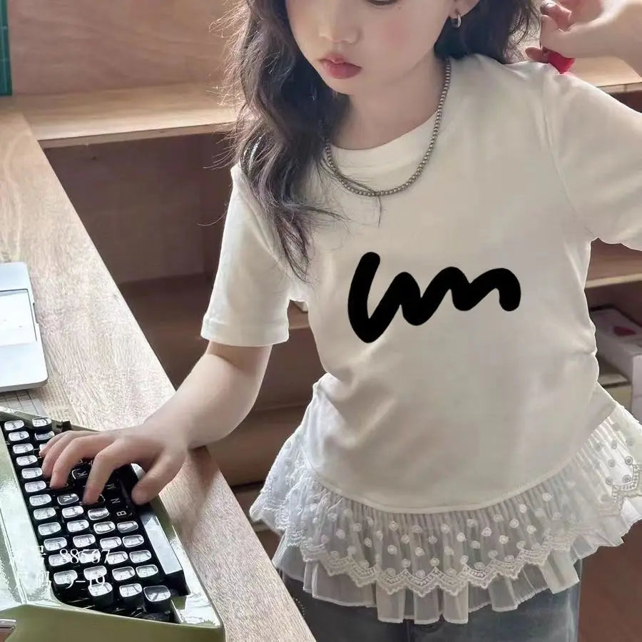 Childrens clothing baby girls summer casual lace t-shirt 2025 short sleeved Lace splicing new white tops 3-12 kids clothes