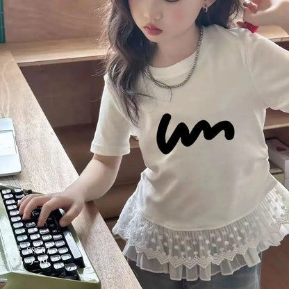 Childrens clothing baby girls summer casual lace t-shirt 2025 short sleeved Lace splicing new white tops 3-12 kids clothes