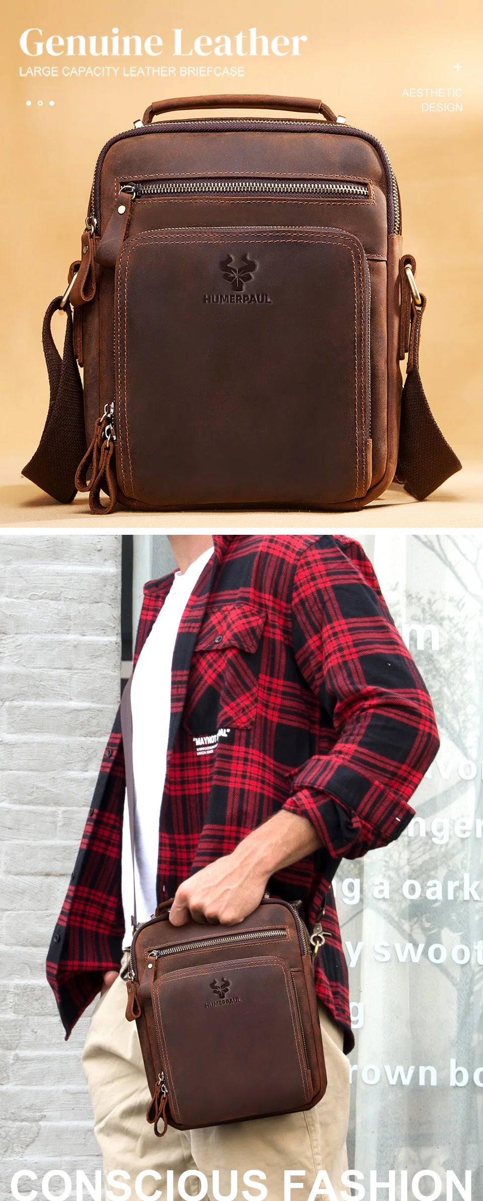 HUMERPAUL Genuine Leather Men's Shoulder Bag Vintage Cross Bags Large Capacity Male Messenger Tote Bag Travel Bolso Hombres