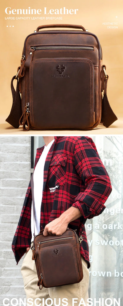 HUMERPAUL Genuine Leather Men's Shoulder Bag Vintage Cross Bags Large Capacity Male Messenger Tote Bag Travel Bolso Hombres