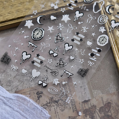 1Pcs 5D Metal Y2K Liquid Love Star Moon Nail Art Sticker Punk Style Silver Clock Heartbeat Heart Slider Romantic Manicure Decals