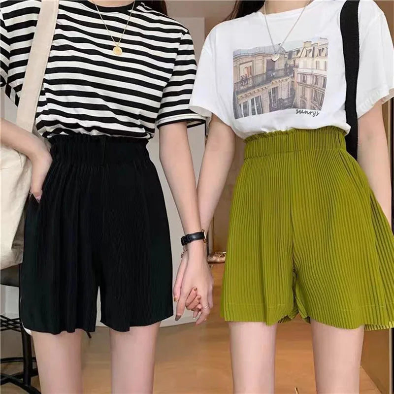 Women Casual Wide Leg Shorts 2025 Summer Elastic High Waist Pleated Shorts Woman Solid Color Loose Ice Silk Knee-Length Pants