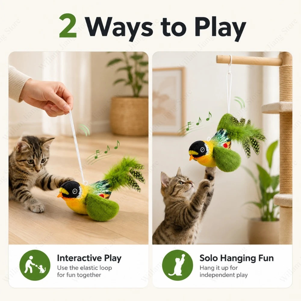Bird Sound Cat Toy Brown Green Blue Color Options and Combination Set Plush Feather Hanging Teaser for Indoor Cats Chasing Play