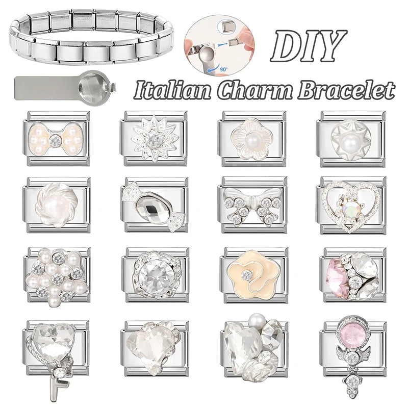 Zircon Pearl Heart Bow Candy Flower Butterfly Italian Charm Links Fit 9mm Stainless Steel Bracelet Personalized DIY Making Gifts