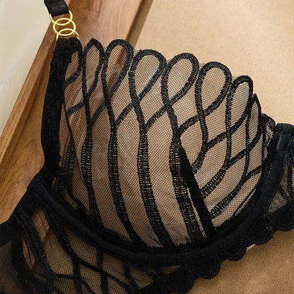 French Style Sexy Embroidered Transparent Underwear Set V-Neck Design Anti-Sagging Breathable Bra And Panties Ensemble Black