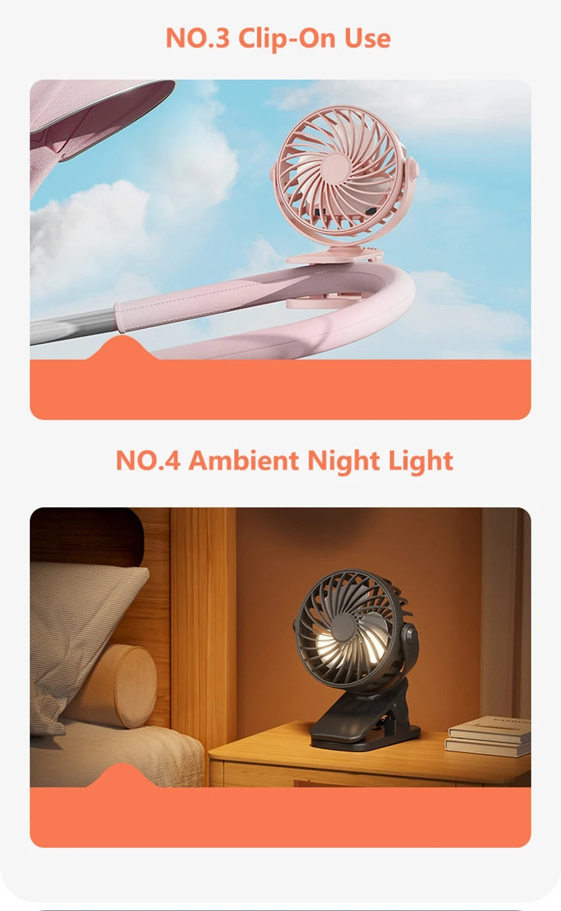 Mini Clip Fan 720°Rotation Built-in Night Lamp USB Rechargeable Powerful Airflow Portable Cooling Fan For Travel Camping Outdoor