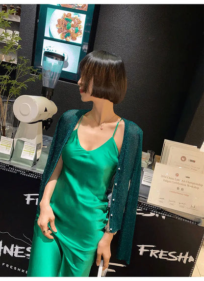 Women Shiny Gold Thread Spring Summer Ice Silk Knitted Cardigan Ribbed Pearl Button Sun Protection Top V-neck Ice Silk Knitwear