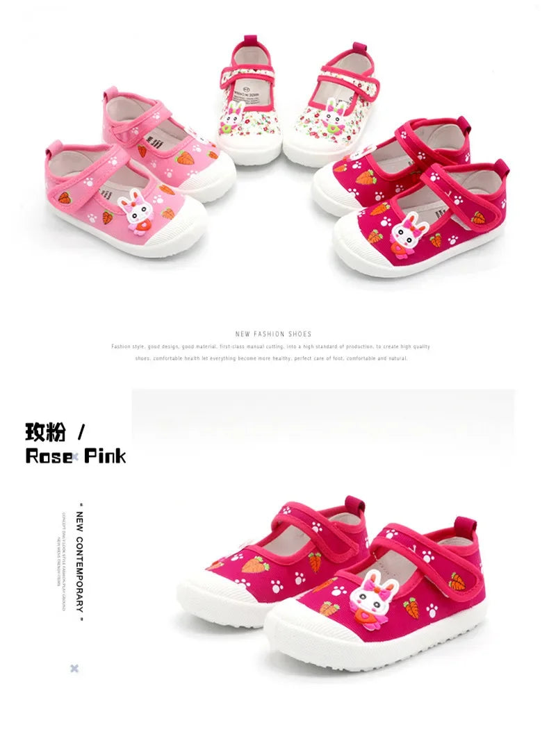 JGSHOWKITO Girls Canvas Shoes Soft Sports Shoes Kids Running Sneakers Candy  With Cartoon Rabbit Carrots Prints Children