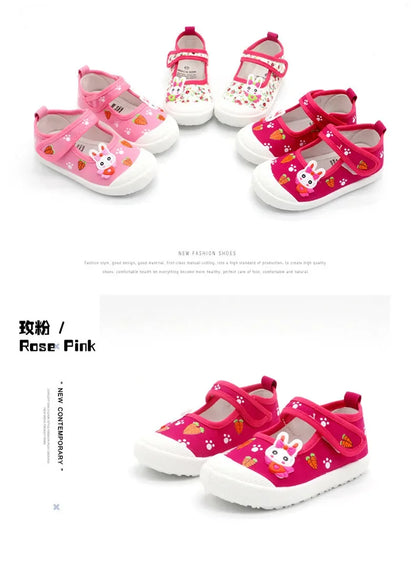 JGSHOWKITO Girls Canvas Shoes Soft Sports Shoes Kids Running Sneakers Candy  With Cartoon Rabbit Carrots Prints Children