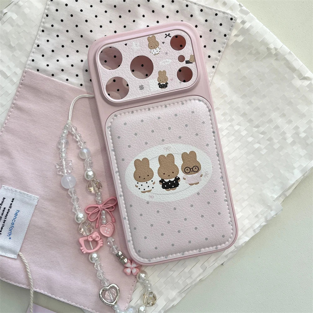 Polkadot Leather Funny Miffy Rabbit phone case for iPhone 15 Pro 14 13 16 Max 17 Pro Max Cover With Chain Cute Cartoon Cases Cap