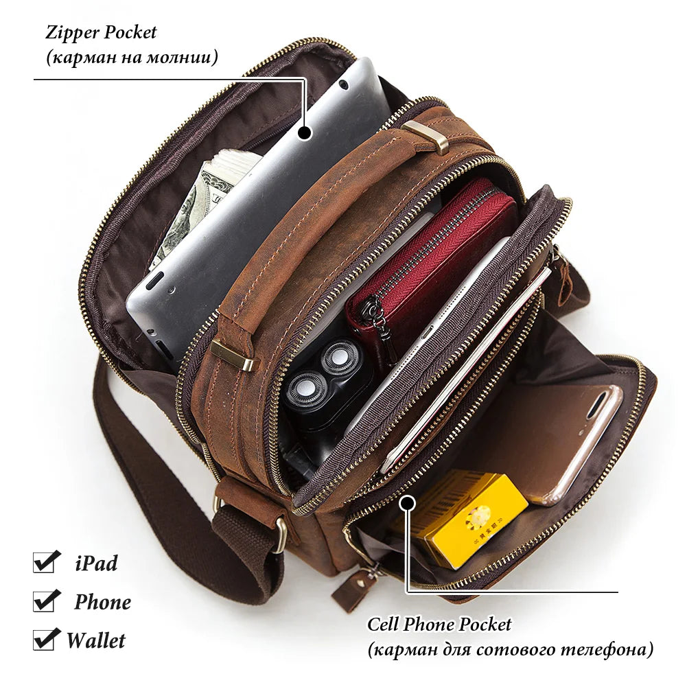 HUMERPAUL Genuine Leather Men's Shoulder Bag Vintage Cross Bags Large Capacity Male Messenger Tote Bag Travel Bolso Hombres