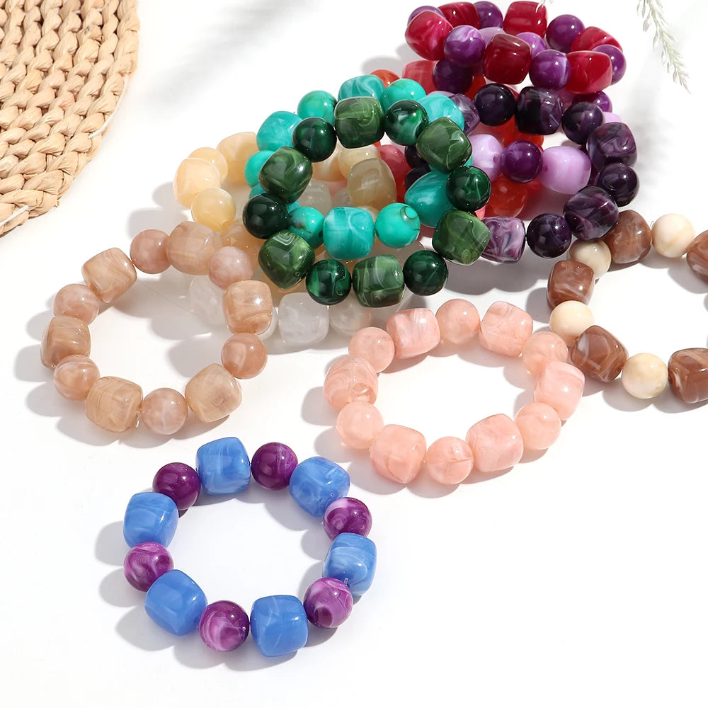 Acrylic Square Beads Elastic Bracelets for Women Boho Irregular Stone Shape Beaded Handmade Bracelet Bangle Retro Jewelry Gifts