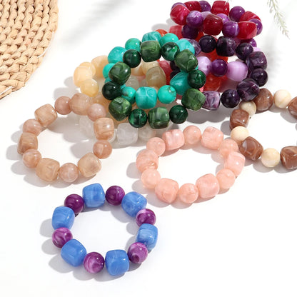 Acrylic Square Beads Elastic Bracelets for Women Boho Irregular Stone Shape Beaded Handmade Bracelet Bangle Retro Jewelry Gifts
