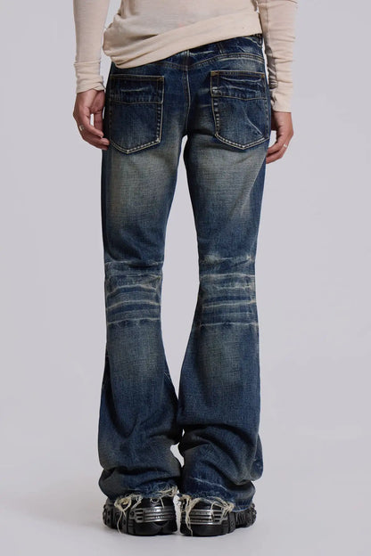 Y2K Vintage Flared Jeans Mid Blue Washed Men Women Bootcut Jeans American Hip Hop Distressed Streetwear Unisex Wide Leg Pants
