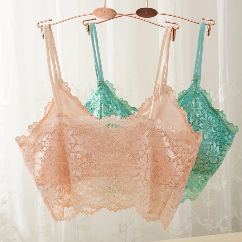 Lace Flower Suspender Top for Women Sexy Hollow Skin-friendly Solid Color Removable Pad Wireless Bra