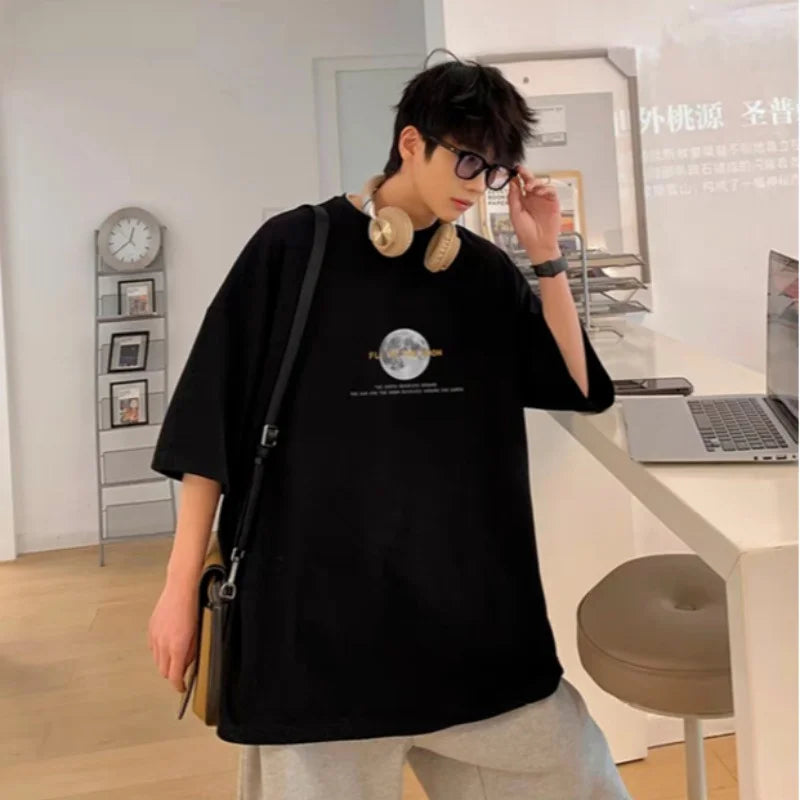30kg To 120kg Korean Style Lazy Feeling Wearing Moon Pattern T-shirt Daily Basic Top Casual Versatile Shirt
