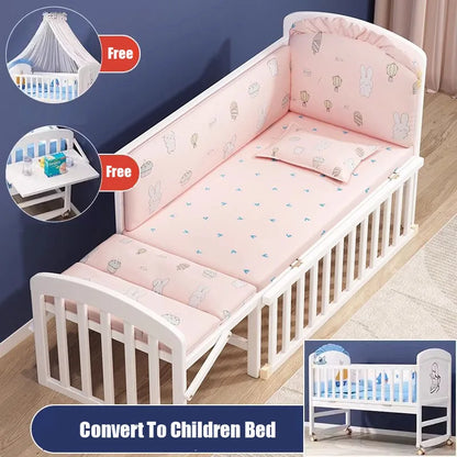 Wood Baby Crib With Mosquito Net And Diaper Table Convert To Kids Bed, Bedding Set, Baby Cot, Bed, Rocker Mattress