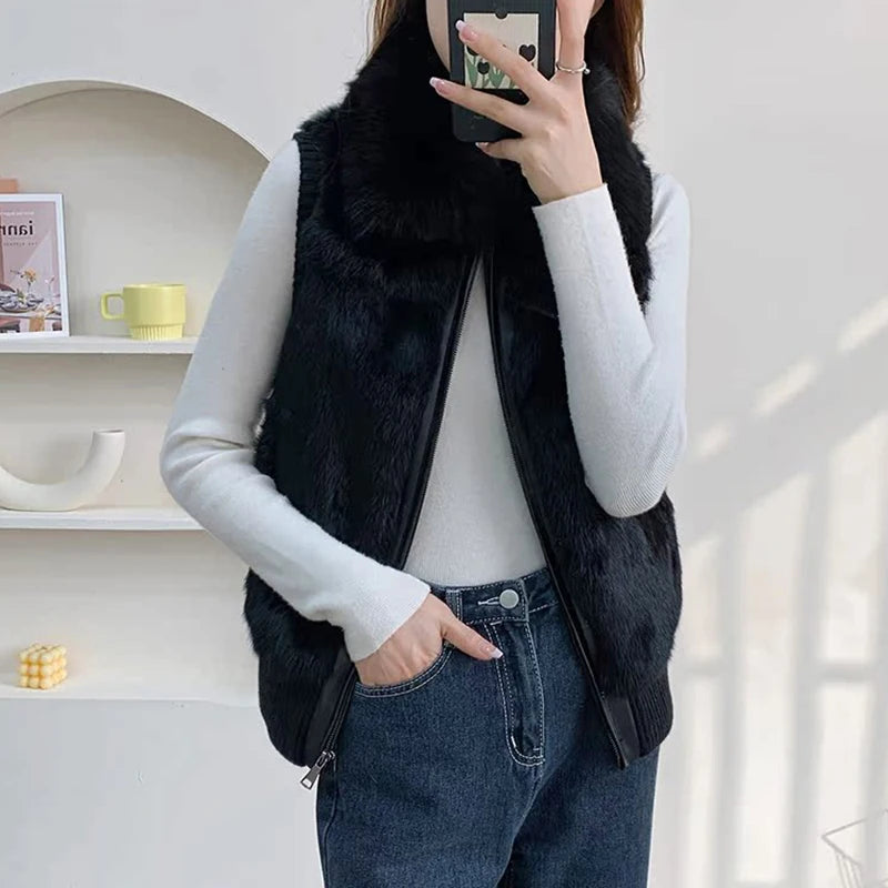 Women's Genuine Real Rabbit Fur Vest Coat Knitting Winter Fox Fur Collar Fur Jacket Casual Short Outwear Slim with Zipper