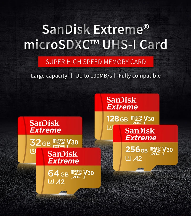 Sandisk Micro SD Card Extreme A2 A1 V30 SDXC Flash 32GB 64GB 128GB 256GB 512GB 1TB MicroSD Card 190MB/s TF Card for Phone Tablet
