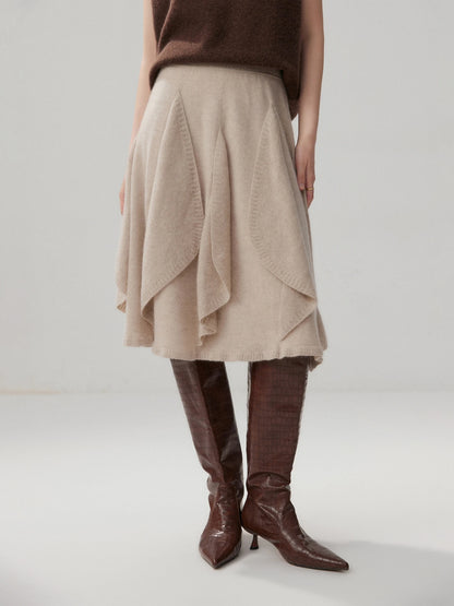 French 100% Pure Cashmere Skirt Ruffle Irregular A-line Soild Midi Sirt Autumn Winter Women Elegant Pleated  Knit Dress Fashion