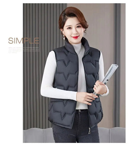 Fashion Women Down Cotton Jackets Vests Solid Stand Collar Zipper Cardigan Thicken Autumn Winter Warm Casual Sleeveless Coats