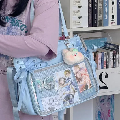 College Style Crossbody Bag with Ribbon Large Capacity for Class Book Carrying Mailman Bag Girls Bow JK Shoulder Ita Bag Handbag