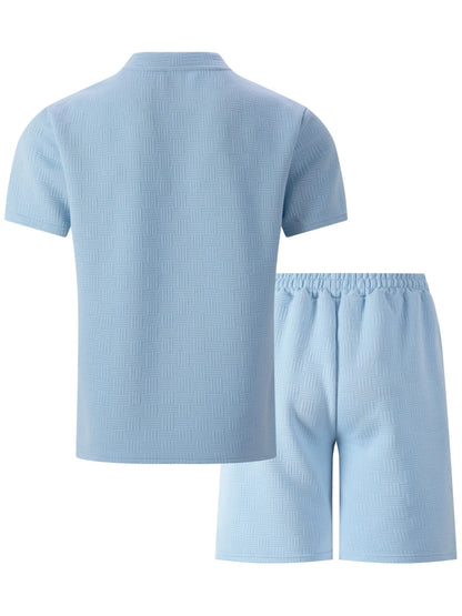 2025 summer new men's suit leisure solid color jacquard round neck fashion all-match short-sleeved T-shirt drawstring shorts set