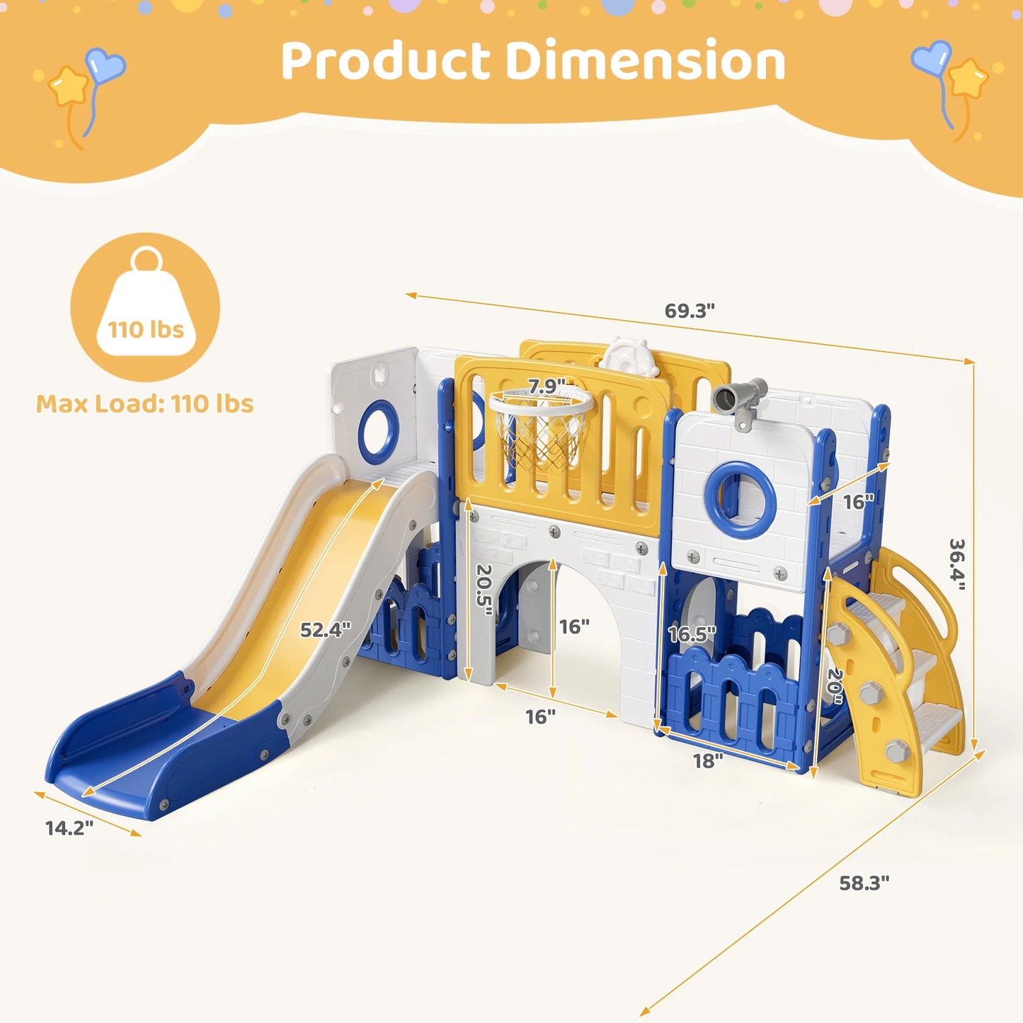 Toddler Slide, 9 in 1 Kids Slide and Climber Playset Indoor Outdoor Playground for Children, w/Basketball Hoop & Ball Telescope