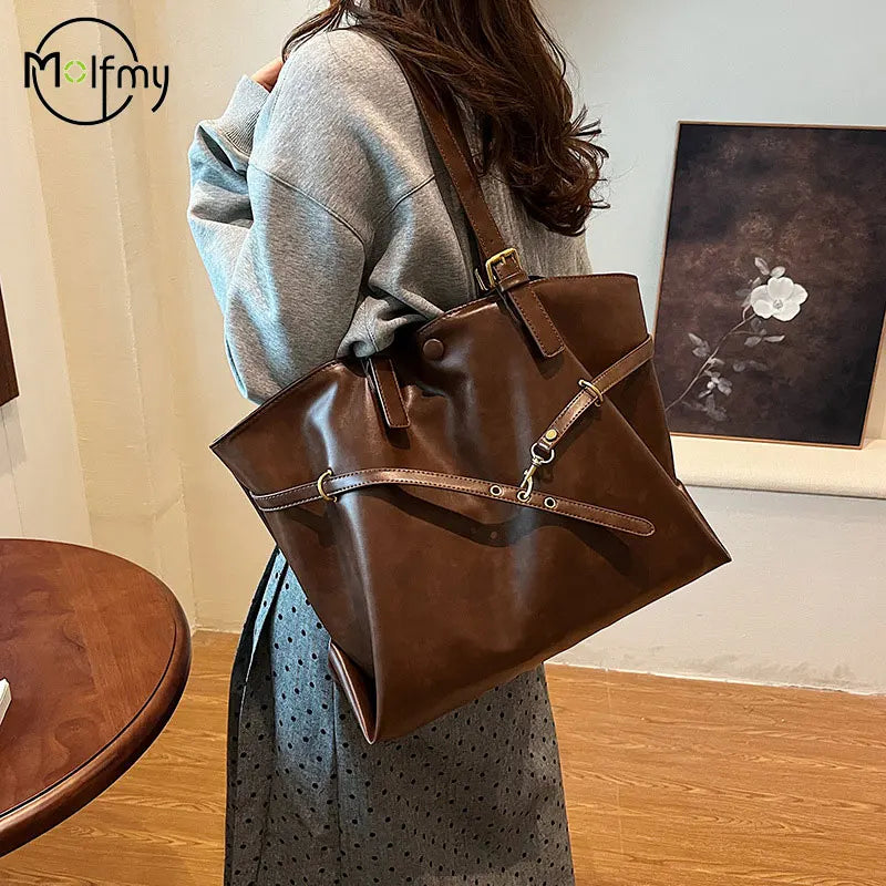 Tote Bag Designer Retro PU Leather Shoulder Handbag for Women Winter Trend Y2K Fashion Handbags Females Travel Luxury Tote Bags