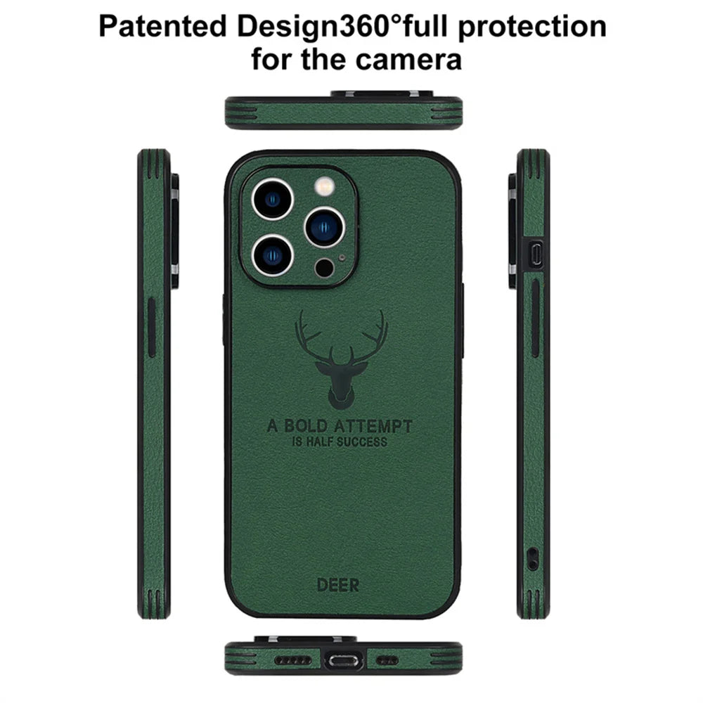 Luxury Business Leather Bumper Case For iPhone 17 Air 16 15 14 13 12 11 Pro Max Mini Plus Shockproof Soft Deer Head Back Cover