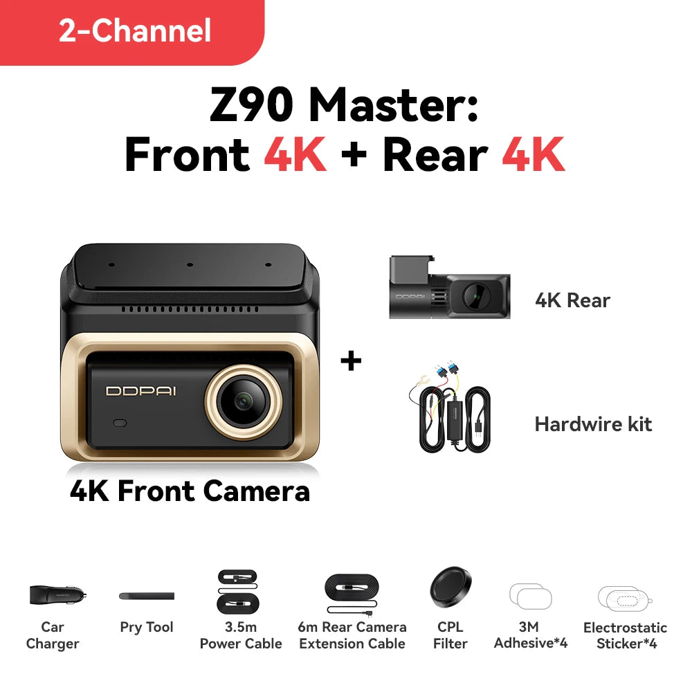 DDPAI Z90 Master 4K+4K Dual Car Dashcam Front and Rear Dual HDR Dash Cam GPS ADAS Parking Night Vision Camera DVR Video Recorder