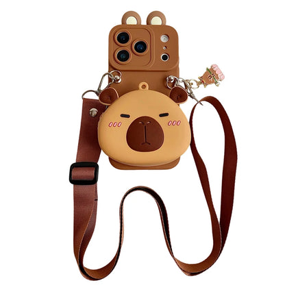 For iPhone 17 16 15 14 13 12 11 XR Xs 6 6s 7 8 SE Pro Max mini Plus e Capybara head Wallet Case With Accessories