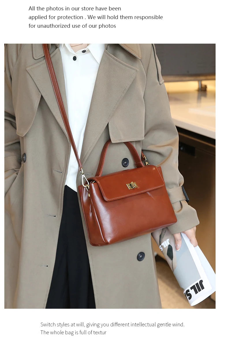 Genuine Leather Top Handle Crossbody Bag for Women Vintage Oil Wax Leather Shoulder Bag Small Luxury Designer Satchel Handbag