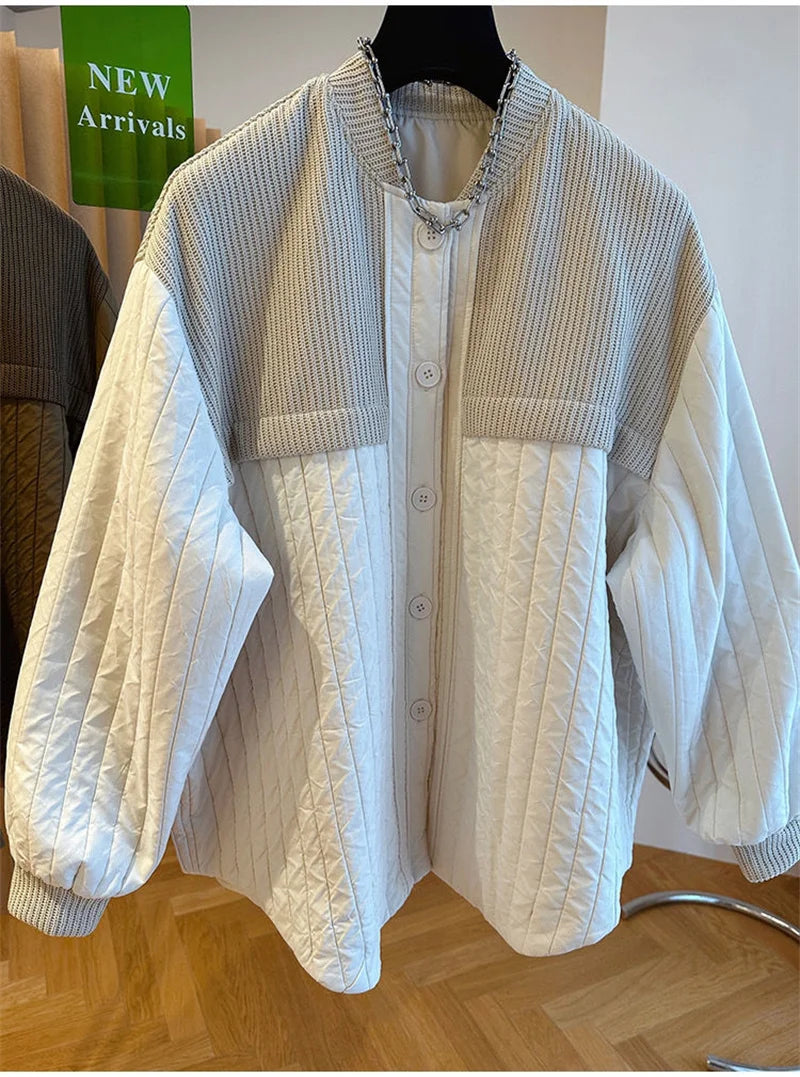 Women Autumn Advanced Design Sense, Niche Loose Casual Knit Stitching, Striped Cotton Coat Winter Light Thin Small Cotton Jacket