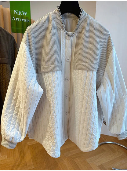 Women Autumn Advanced Design Sense, Niche Loose Casual Knit Stitching, Striped Cotton Coat Winter Light Thin Small Cotton Jacket