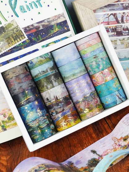 24 Rolls/Box Oil Painting Theme Washi Tape Set, Gilded Style Design Decorative Handmade DIY Decoration Materials Tape