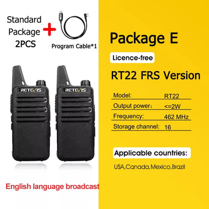 Retevis RT622 Mini Walkie Talkie 2pcs PMR446 Portable Two-way Radio PTT Walkie Talkies Communication Radio for Restaurant Hotel