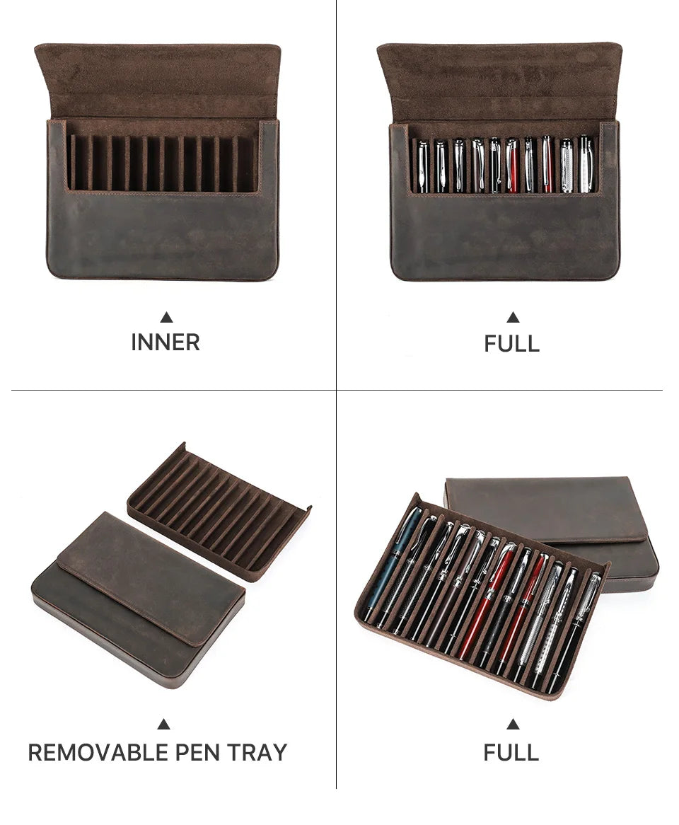 Luxury Genuine Leather 12 Slots Fountain Pen Case Box Office School Stationery Pen Storage Pouch Holder with Removable Pen Tray